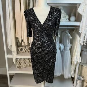 Calvin Klein black sequined plunging v neck wrap dress, gorgeous sexy #4427